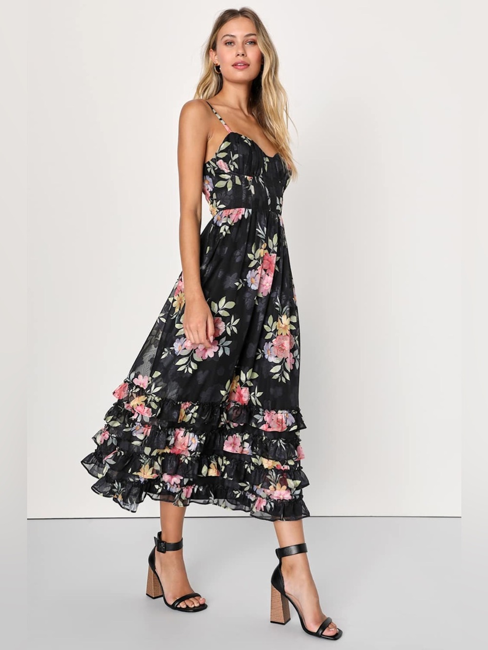 Lulus Elegant Radiance Classic Black Floral Print Ruffled Bustier Midi Dress M